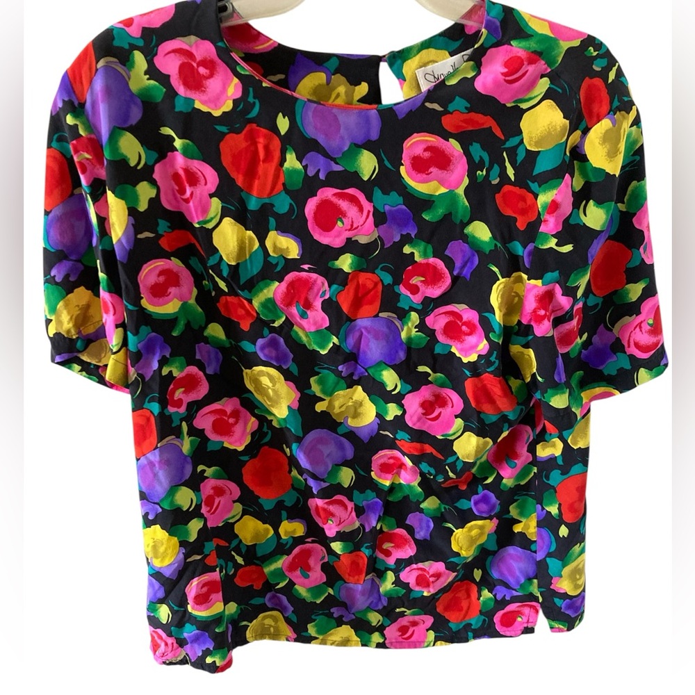 Vintage Diane Von Furstenberg 100% Silk Multicolor Floral Blouse / Top XL 80s